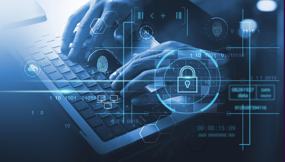 Hands on keyboard with an overlay of binary code, a fingerprint, and a lock