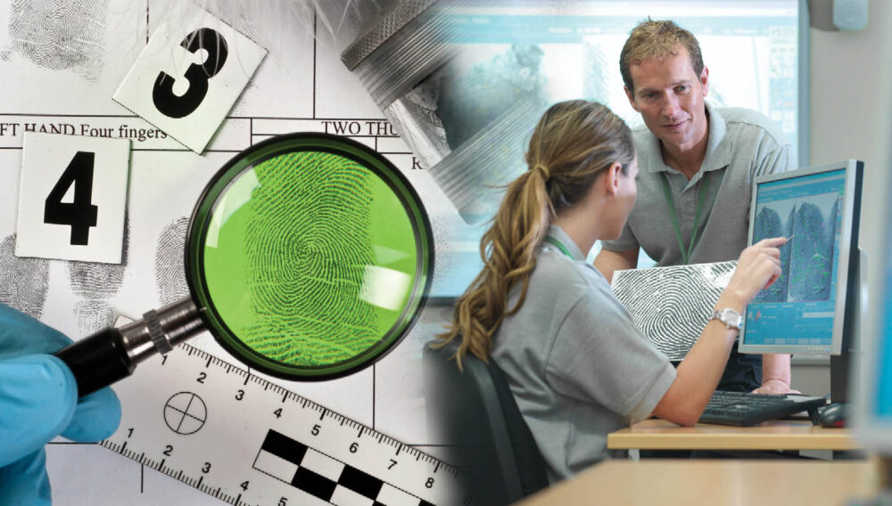 Forensics experts examining fingerprints on paper and on a computer screen