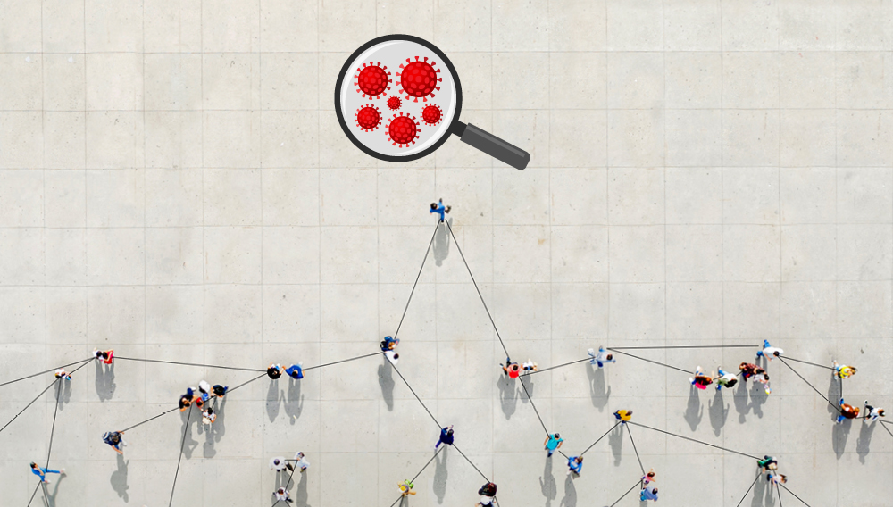 Bird's-eye view of people walking on a paved plaza with line vectors connecting them and, above it all, a graphic of a magnifying glass revealing viral cells